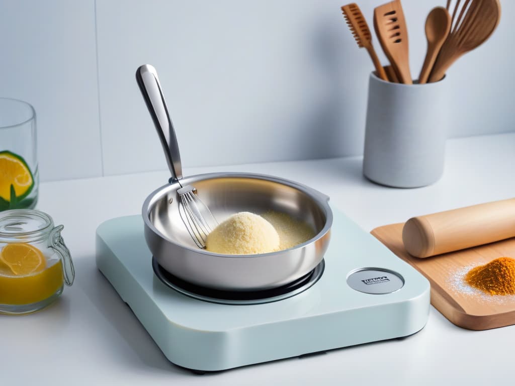  An ultradetailed, 8k image of a sleek, modern kitchen countertop adorned with an array of essential baking utensils in a neat and organized manner. The image features highquality, minimalist stainless steel measuring spoons, a marble rolling pin, a wire whisk, a silicone spatula, a pastry brush, a set of nesting mixing bowls, a flour sifter, and a digital kitchen scale. The utensils are arranged elegantly against a backdrop of soft, natural light streaming in, casting gentle shadows to create a visually appealing and aspirational culinary setting. hyperrealistic, full body, detailed clothing, highly detailed, cinematic lighting, stunningly beautiful, intricate, sharp focus, f/1. 8, 85mm, (centered image composition), (professionally color graded), ((bright soft diffused light)), volumetric fog, trending on instagram, trending on tumblr, HDR 4K, 8K