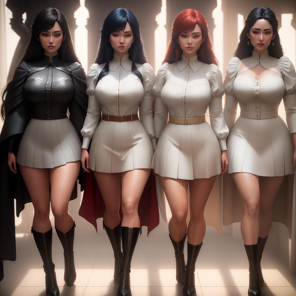  ((masterpiece)), (((best quality))), 8k, high detailed, ultra-detailed. In a realistic style, create a highly detailed scene showcasing three girls from behind. They are wearing outfits with wide necklines, shorter skirts, and high boots. hyperrealistic, full body, detailed clothing, highly detailed, cinematic lighting, stunningly beautiful, intricate, sharp focus, f/1. 8, 85mm, (centered image composition), (professionally color graded), ((bright soft diffused light)), volumetric fog, trending on instagram, trending on tumblr, HDR 4K, 8K