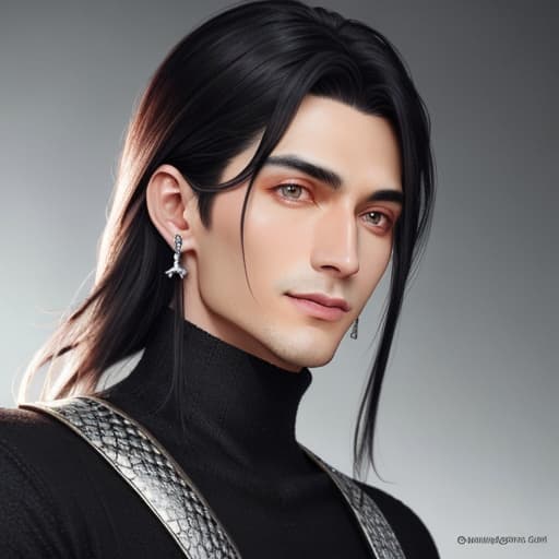  "A handsome young man with sharp features, he has long black hair with white highlights, purple eyes, a smile that shows his sharp canines. He's wearing a pair of silver snake earrings and a black turtle neck" Ethereal Elegance hyperrealistic, full body, detailed clothing, highly detailed, cinematic lighting, stunningly beautiful, intricate, sharp focus, f/1. 8, 85mm, (centered image composition), (professionally color graded), ((bright soft diffused light)), volumetric fog, trending on instagram, trending on tumblr, HDR 4K, 8K