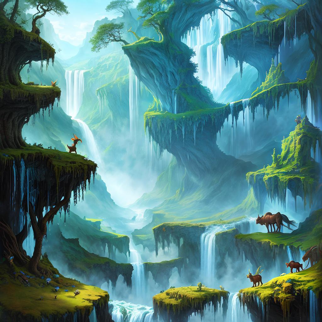  in a fantasy setting, Paint a surreal landscape where mythical beasts roam amidst cascading waterfalls.