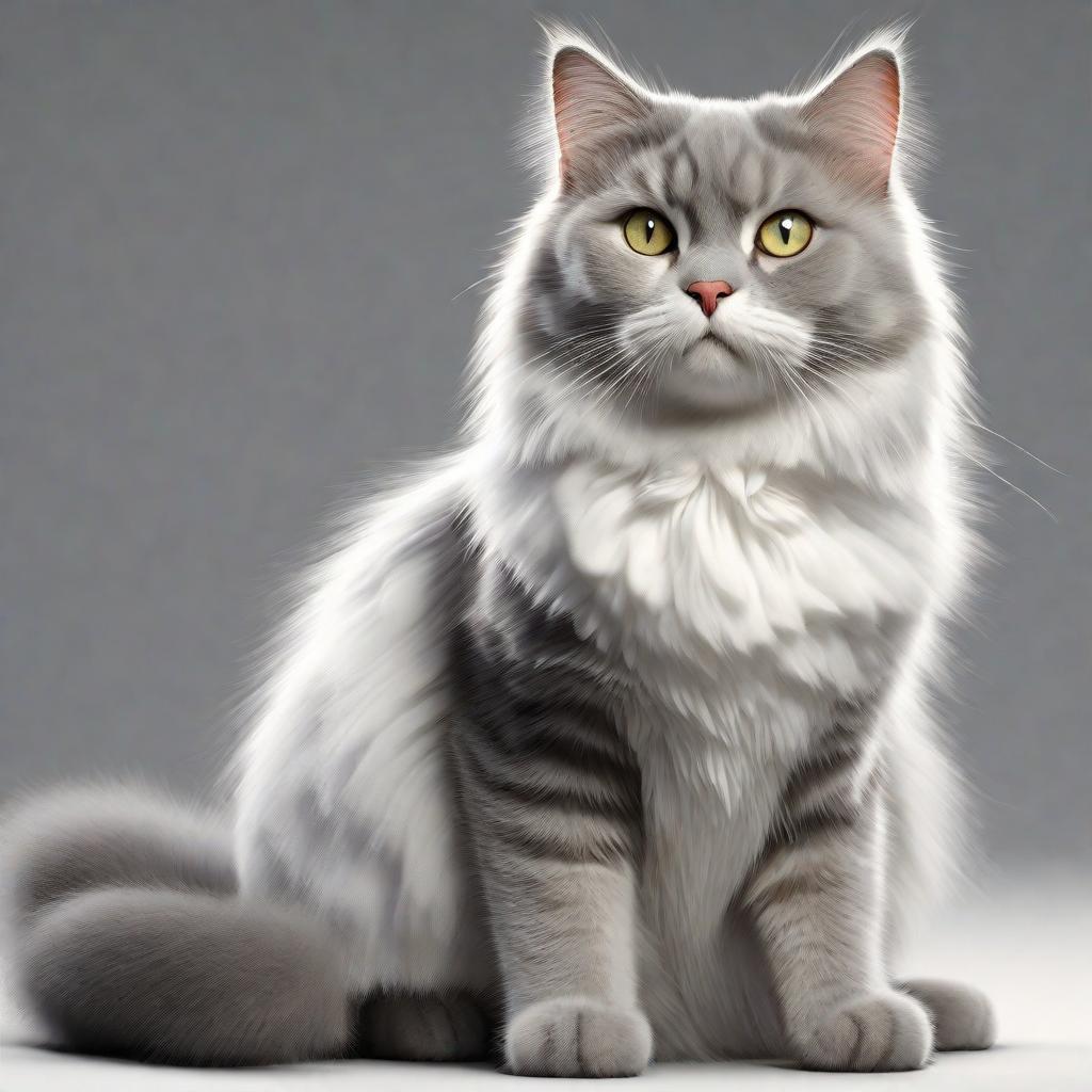  masterpiece, best quality, high quality realistic image of a fluffy grey and white cat sitting plain white background