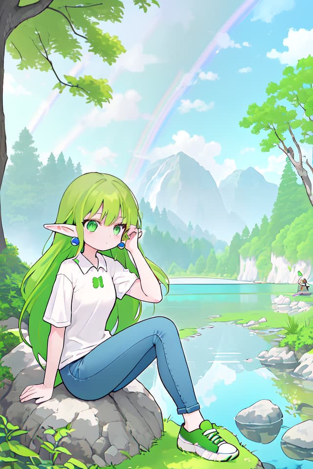  1girl,elf,long hair,green hair,earrings ,hot face,look up ,polo shirt ladies,jeans ladies,sneaker,sit on a rock,lake shore ,midday sunshine,rainbow in the distance,