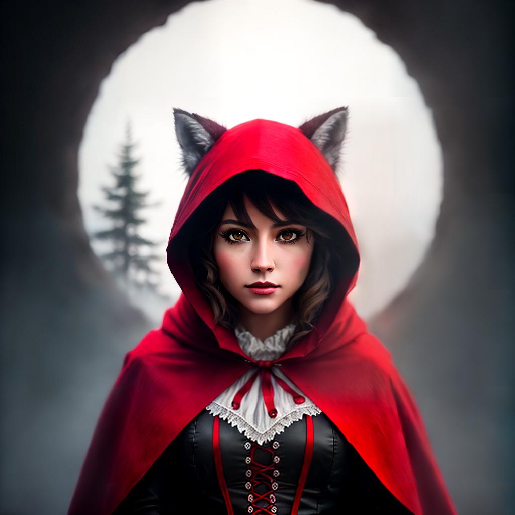  Art red riding hood with wolf drawing ,highly detailed, cinematic lighting, stunningly beautiful, intricate, sharp focus, f1. 8, 85mm, (centered image composition), (professionally color graded), ((bright soft diffused light)), volumetric fog, trending on instagram, trending on tumblr, HDR 4K, 8K