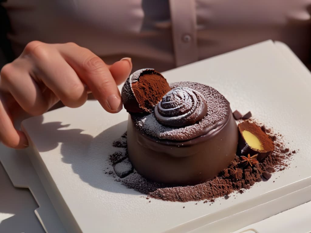  An ultrahigh resolution, minimalist image showcasing a pair of expert hands meticulously sculpting a delicate chocolate truffle. The hands are elegantly dusted with cocoa powder, creating a contrast against the smooth, glossy surface of the chocolate. The subtle play of light and shadow emphasizes the precision and artistry required in advanced chocolate techniques, embodying the essence of professional craftsmanship in the world of chocolate confectionery. hyperrealistic, full body, detailed clothing, highly detailed, cinematic lighting, stunningly beautiful, intricate, sharp focus, f/1. 8, 85mm, (centered image composition), (professionally color graded), ((bright soft diffused light)), volumetric fog, trending on instagram, trending on tumblr, HDR 4K, 8K