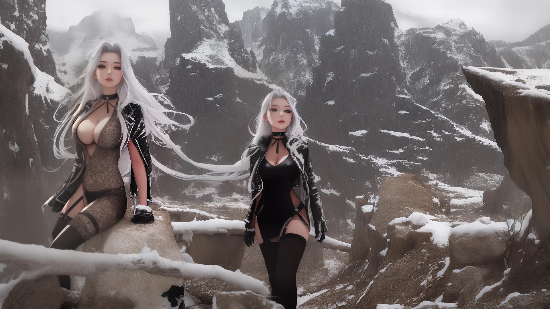  masterpiece, best quality, boobs,thigh highs,landscape,white hair,long hair,black outfit,choker around neck,winter,solo,posing