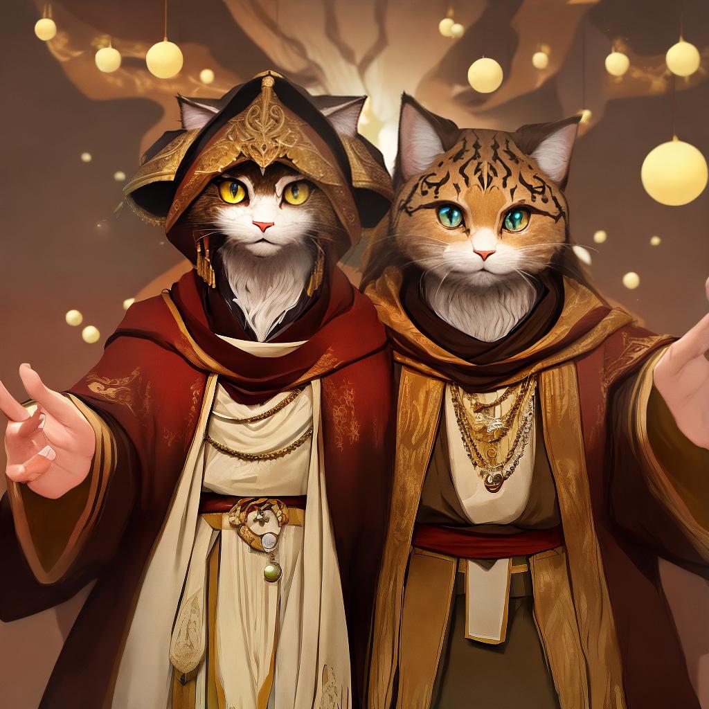  masterpiece, best quality, Tabaxi In human disguise With brown robe having a very cute and handsome figure with human's very cute and handsome face having on right hand on each finger few orbs of different color