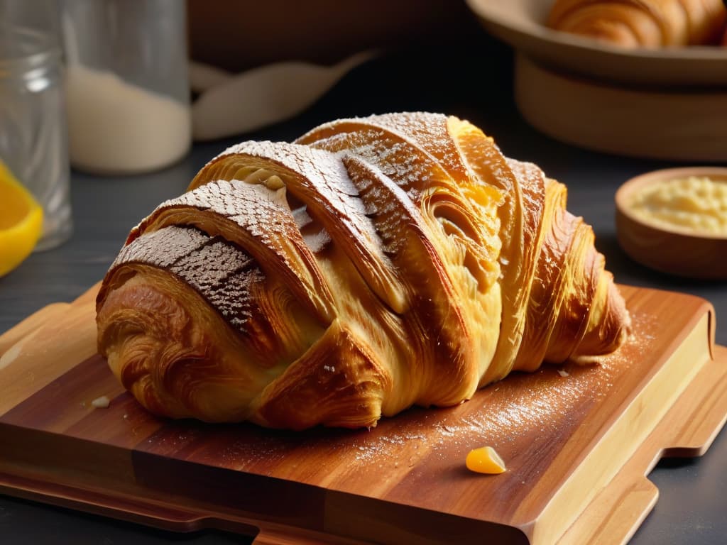  A closeup, ultradetailed photograph of a perfectly flaky and golden croissant, freshly baked and placed on a rustic wooden cutting board. The intricate layers of the croissant are visible, showcasing the expertise and precision required in French pastry making. The lighting is soft, emphasizing the golden hue of the pastry and creating a warm, inviting atmosphere. hyperrealistic, full body, detailed clothing, highly detailed, cinematic lighting, stunningly beautiful, intricate, sharp focus, f/1. 8, 85mm, (centered image composition), (professionally color graded), ((bright soft diffused light)), volumetric fog, trending on instagram, trending on tumblr, HDR 4K, 8K