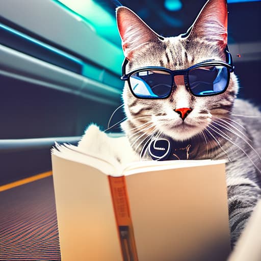 nvinkpunk Realistic image of a cat wearing headphones and reading glasses while riding a bus. hyperrealistic, full body, detailed clothing, highly detailed, cinematic lighting, stunningly beautiful, intricate, sharp focus, f/1. 8, 85mm, (centered image composition), (professionally color graded), ((bright soft diffused light)), volumetric fog, trending on instagram, trending on tumblr, HDR 4K, 8K