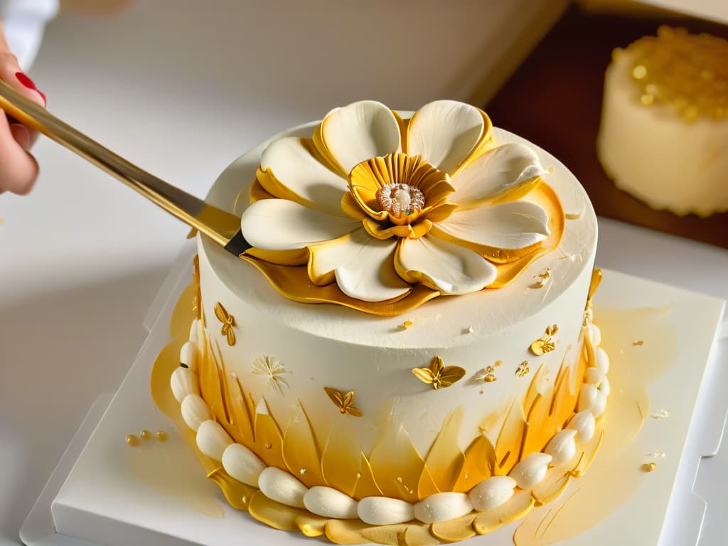  A closeup, ultradetailed image of a delicate sugar flower being meticulously painted with edible gold paint, showcasing intricate brush strokes and shimmering details. The flower rests on a pristine white fondant cake, with soft natural light accentuating its beauty and the skillful hands of a professional pastry chef in the background, adding a touch of artistry to the composition. hyperrealistic, full body, detailed clothing, highly detailed, cinematic lighting, stunningly beautiful, intricate, sharp focus, f/1. 8, 85mm, (centered image composition), (professionally color graded), ((bright soft diffused light)), volumetric fog, trending on instagram, trending on tumblr, HDR 4K, 8K