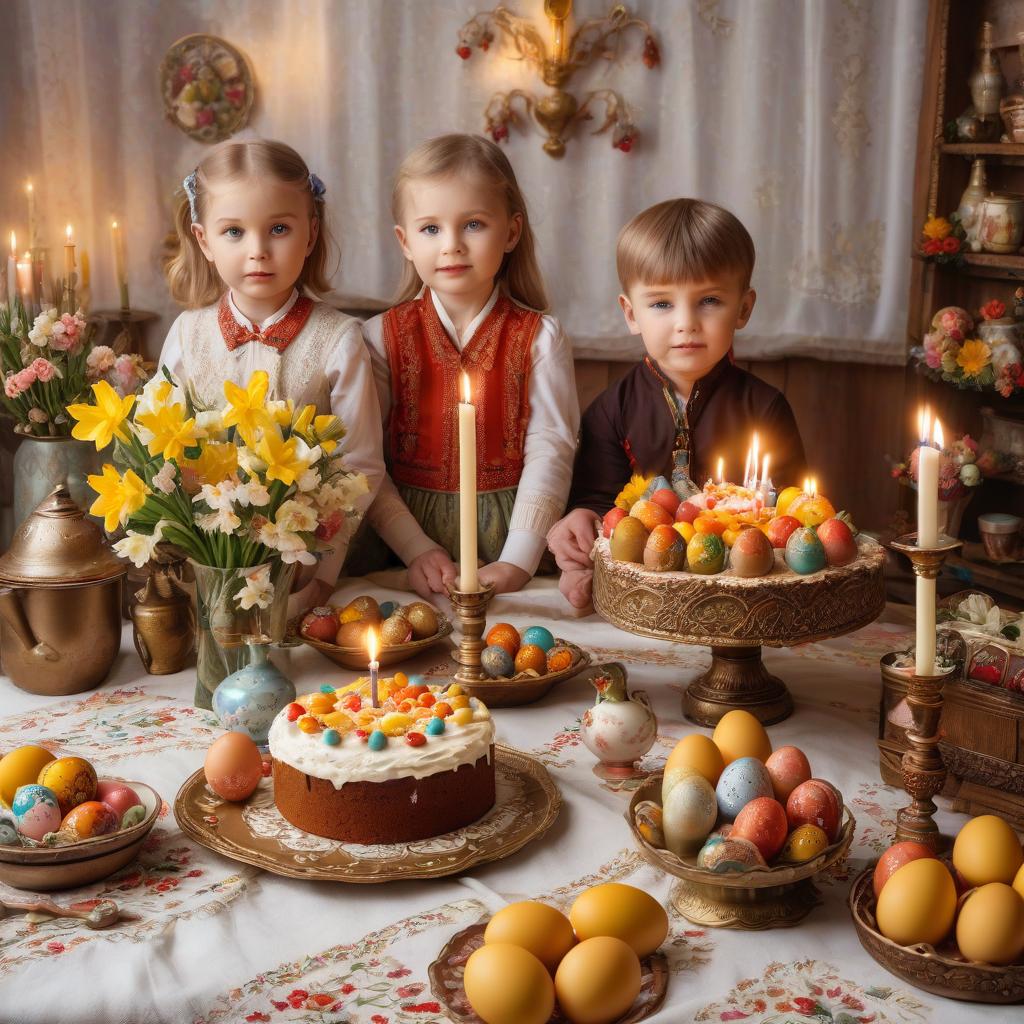  postcard in the style of the 50s, Russian Easter table, on an embroidered towel there is a tall brown beautiful Easter cake, white icing and candied fruits on top, multi colored eggs around the Easter cake, vases with daffodils on the table, children, a boy and a girl, stand behind the table and hold candles hyperrealistic, full body, detailed clothing, highly detailed, cinematic lighting, stunningly beautiful, intricate, sharp focus, f/1. 8, 85mm, (centered image composition), (professionally color graded), ((bright soft diffused light)), volumetric fog, trending on instagram, trending on tumblr, HDR 4K, 8K