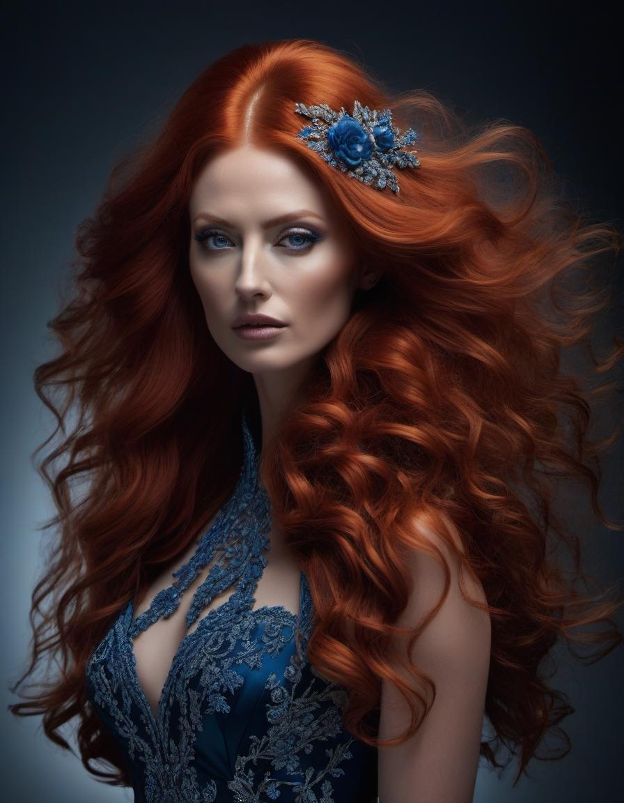  A striking digital artwork of a woman with voluminous red hair in an ornate blue dress, posing elegantly against a dark background. hyperrealistic, full body, detailed clothing, highly detailed, cinematic lighting, stunningly beautiful, intricate, sharp focus, f/1. 8, 85mm, (centered image composition), (professionally color graded), ((bright soft diffused light)), volumetric fog, trending on instagram, trending on tumblr, HDR 4K, 8K