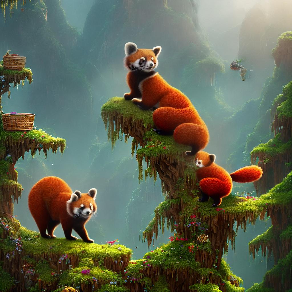 ((masterpiece)), (((best quality))), 8k, high detailed, ultra-detailed. A 2D cartoon Red Panda standing on its hind legs, holding a basket of fruits, pointing towards a hidden treasure, with a joyful expression, in a minimalistic design with flat colors and light-colored dots for eyes. hyperrealistic, full body, detailed clothing, highly detailed, cinematic lighting, stunningly beautiful, intricate, sharp focus, f/1. 8, 85mm, (centered image composition), (professionally color graded), ((bright soft diffused light)), volumetric fog, trending on instagram, trending on tumblr, HDR 4K, 8K