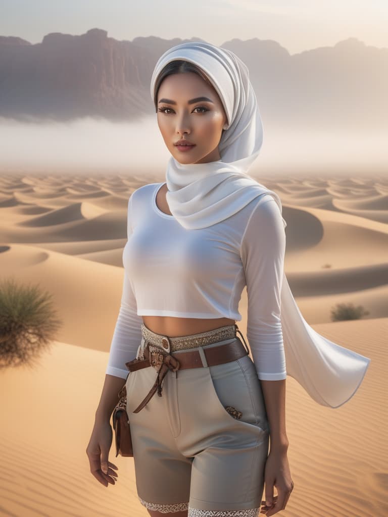  Half body portrait,Young Asian Man Tourist wear casual short sleeve t shirt and shorts , tie a solid white casual Headscarf standing in desert, look at to camera, cinematic lighting, stunningly beautiful, intricate, sharp focus, f/1. 8, 85mm, (professionally color graded), ((bright soft diffused light)), volumetric fog, trending on instagram, trending on tumblr, HDR 4K, 8K hyperrealistic, full body, detailed clothing, highly detailed, cinematic lighting, stunningly beautiful, intricate, sharp focus, f/1. 8, 85mm, (centered image composition), (professionally color graded), ((bright soft diffused light)), volumetric fog, trending on instagram, trending on tumblr, HDR 4K, 8K