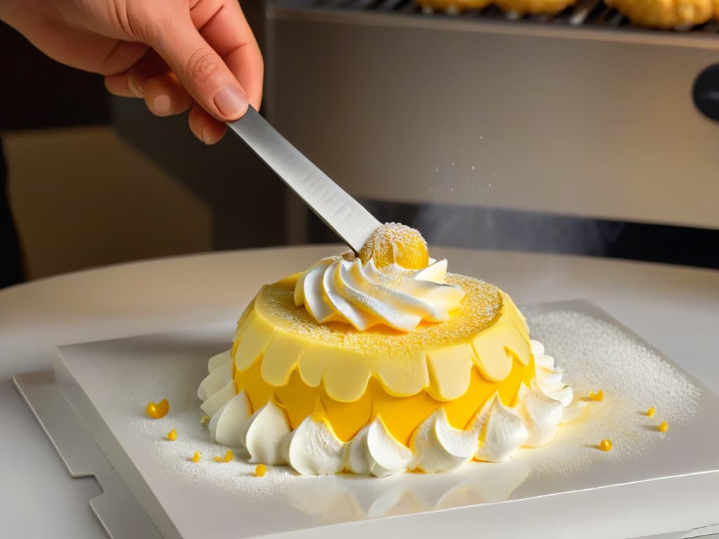  An 8k ultradetailed image of a sleek, modern stainless steel zester with a black ergonomic handle, capturing the fine etched blades in closeup detail as it effortlessly grates vibrant yellow lemon zest onto a bed of fluffy white meringue. The lighting is soft, highlighting the intricate texture of the zest against the smooth metal surface, evoking a sense of precision and elegance in the art of pastrymaking. hyperrealistic, full body, detailed clothing, highly detailed, cinematic lighting, stunningly beautiful, intricate, sharp focus, f/1. 8, 85mm, (centered image composition), (professionally color graded), ((bright soft diffused light)), volumetric fog, trending on instagram, trending on tumblr, HDR 4K, 8K