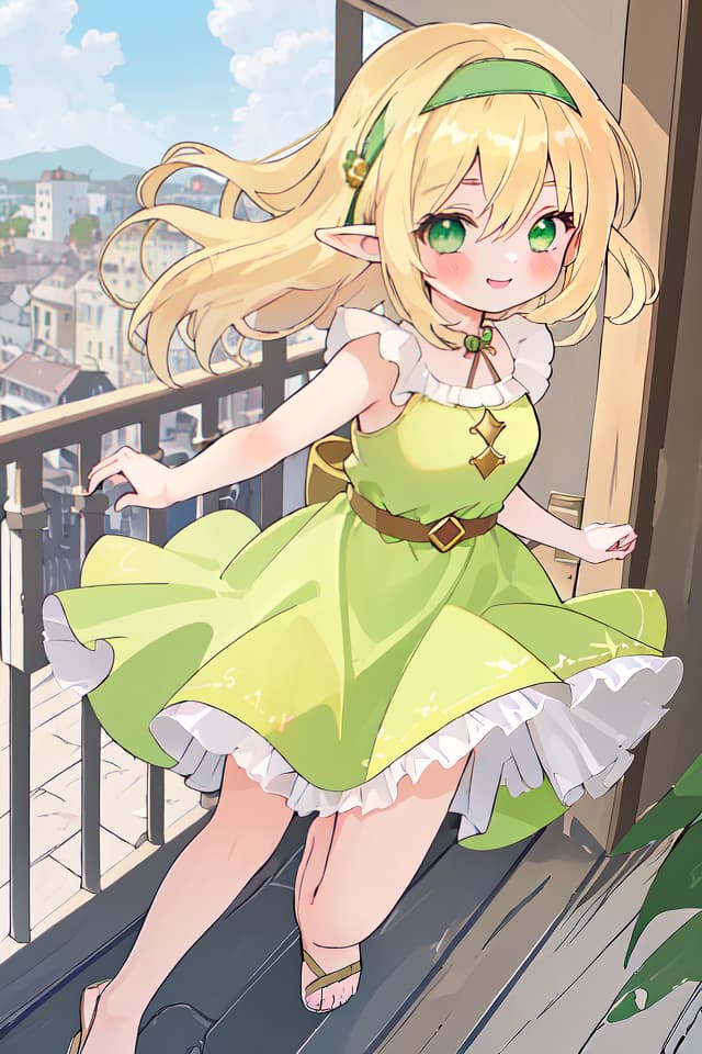  (Best masterpiece: 1.5),(Highest image quality),(Super detail),(Super precision),(Super beautiful CG),(8K),1girl,elf,solo,looking at viewer,blush,bangs,green eyes,hair between eyes,Smile,blond hair,center part hair ,（close up）,headband,ONE PIECE,sandals,hair blowing in the wind,balcony ,midday sunshine,