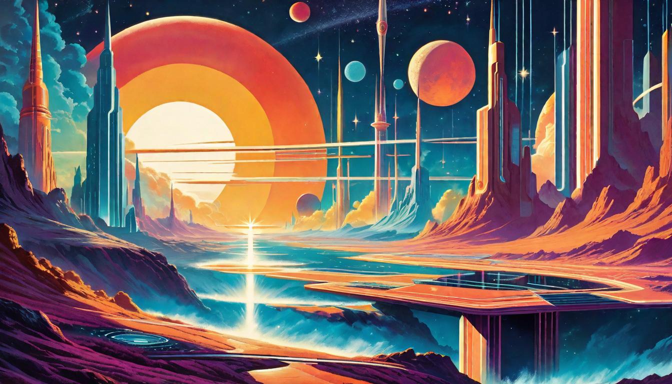  retro futuristic A tapestry of footsteps leading from various paths to a singular, glowing point on the horizon, practical steps towards manifesting a new reality. Converging, purposeful, illuminated. lvintage sci fi, 50s and 60s style, atomic age, vibrant, highly detailed