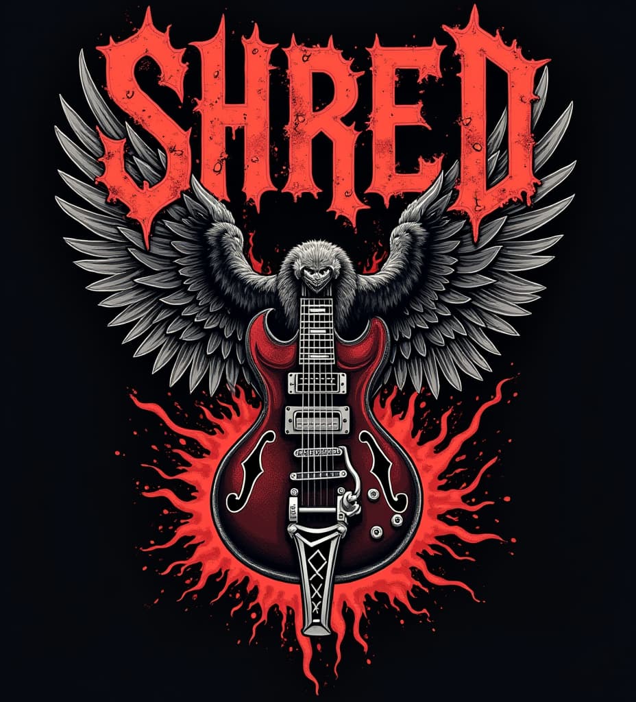  good quality, high quality, thrash metal shirt design. there are designs related to twitch streaming, metal music, the guitar is a gibson explorer. the letters "shred on top of the design