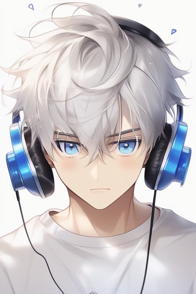  Illustration style, (upper face) (handsome) (handsome) Listening to Music with Headphones, Best, Texture, Contrast, MALE, SUPER HANDSOME, OPLY ER BODY, SHORT CUT, (Silver Hair Blue Eyes), 8k, 16k, Wearing T Shirt