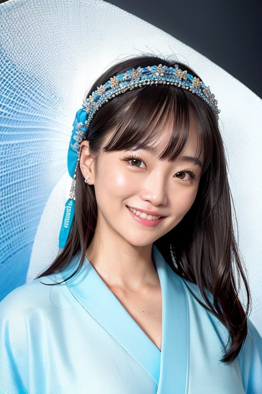  The bright kimono is large and the beautiful smile is attractive, light blue, (Masterpiece, BestQuality:1.3), (ultra detailed:1.2), (hyperrealistic:1.3), (RAW photo:1.2),High detail RAW color photo, professional photograph, (Photorealistic:1.4), (realistic:1.4), ,professional lighting, (japanese), beautiful face, (realistic face)