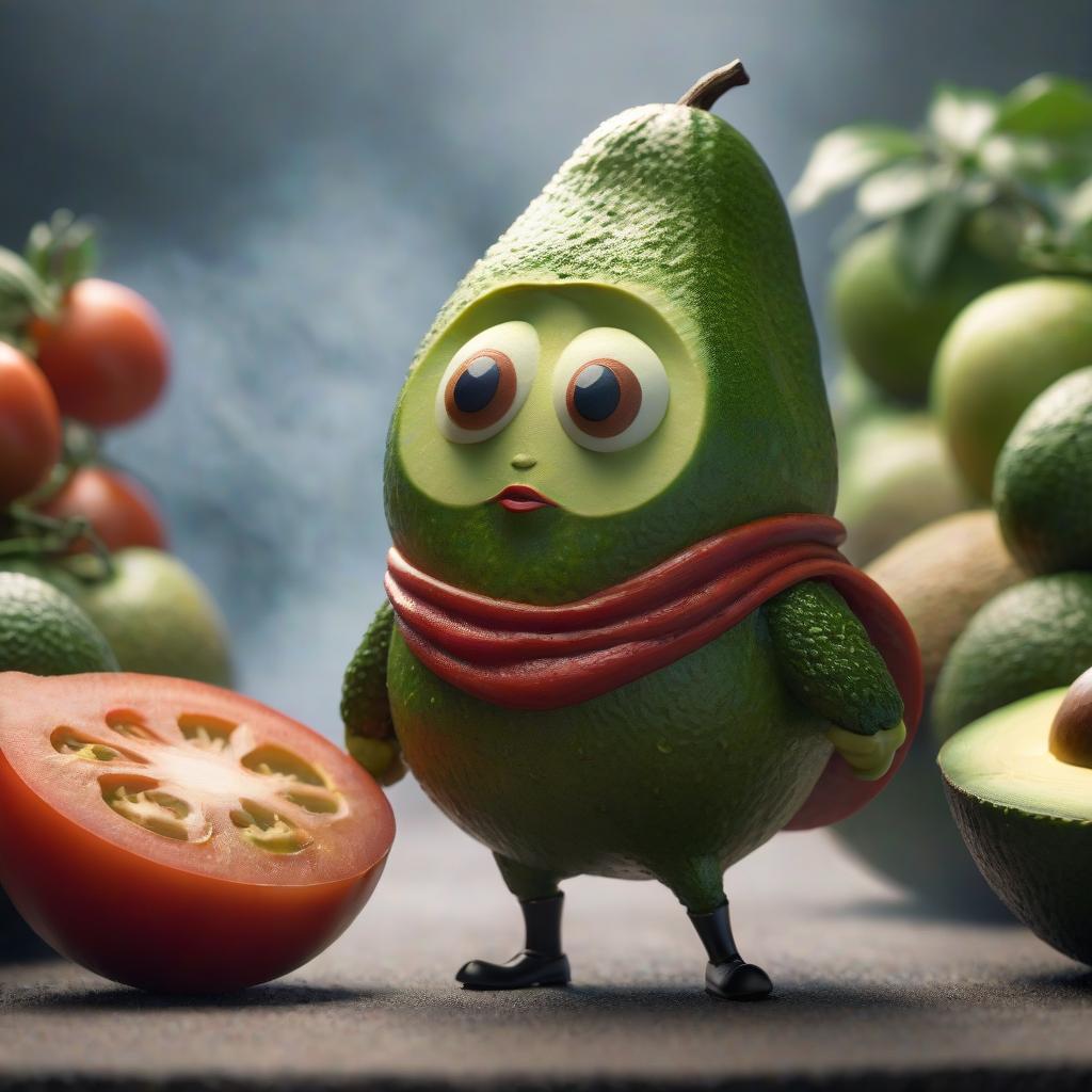  avocado in a tomato costume hyperrealistic, full body, detailed clothing, highly detailed, cinematic lighting, stunningly beautiful, intricate, sharp focus, f/1. 8, 85mm, (centered image composition), (professionally color graded), ((bright soft diffused light)), volumetric fog, trending on instagram, trending on tumblr, HDR 4K, 8K