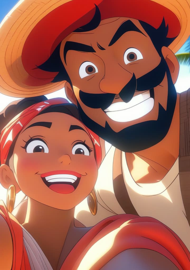  An anime charcter. A man and woman are standing outdoors, posing together for a selfie. The man is wearing a sun hat and has a beard and mustache, while the woman has a red headscarf on. They both have big smiles on their faces, showing their happiness. The background consists of a clear sky and palm trees. The dominant colors in the image are white and grey, with an accent color of a warm brown. The man and woman are the main focus of the image, with the man positioned slightly to the right and the woman to the left. The image captures a moment of love and joy as they take a selfie together under the bright sun. hyperrealistic, full body, detailed clothing, highly detailed, cinematic lighting, stunningly beautiful, intricate, sharp focus, f/1. 8, 85mm, (centered image composition), (professionally color graded), ((bright soft diffused light)), volumetric fog, trending on instagram, trending on tumblr, HDR 4K, 8K