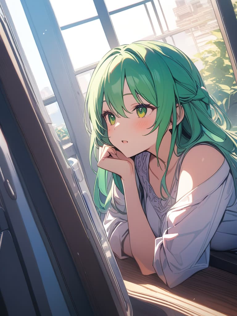  Green hair character chatting, masterpiece, best quality,8k,ultra detailed,high resolution,an extremely delicate and beautiful,hyper detail