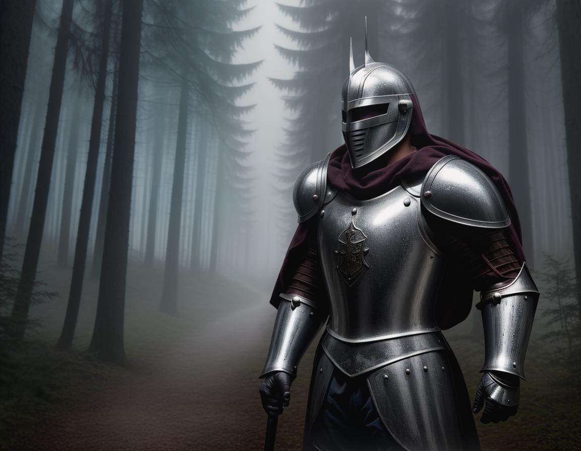  Disney cartoon style, a knight in a shining armour, closed helm, background is a dark halloween forest, distant expression, facing the player, single person