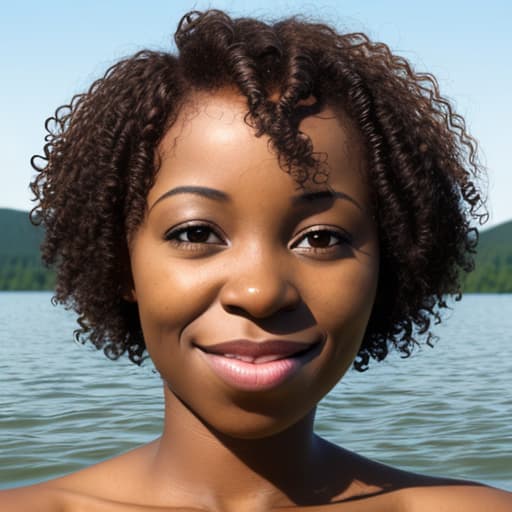  african woman's face with short curly hair sinking in the lake