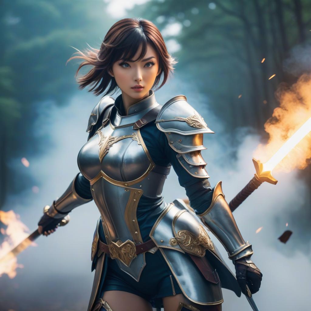  Anime girl knight, strike in a jump hyperrealistic, full body, detailed clothing, highly detailed, cinematic lighting, stunningly beautiful, intricate, sharp focus, f/1. 8, 85mm, (centered image composition), (professionally color graded), ((bright soft diffused light)), volumetric fog, trending on instagram, trending on tumblr, HDR 4K, 8K