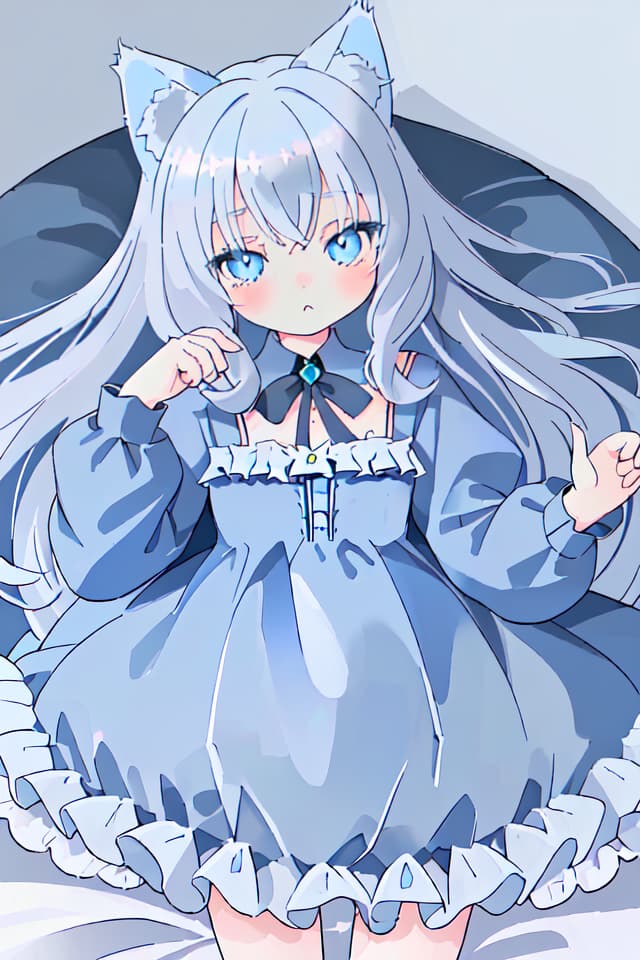  Cat ears,gray,blue eyes,Russian blue,Russian blue girl,cat tail,beautiful girl,beautiful,blue dress,mature,y,curly hair,long hair、(absurd detailed:1.4、best quality:1.4、masterpiece:1.4)、