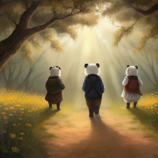  watercolor, storybook, child-book, A group of rabbits with soft fur playing in the wind, surrounded by dandelions in a sunny meadow, a small panda joining their play, best quality, very detailed, high resolution, sharp, sharp image hyperrealistic, full body, detailed clothing, highly detailed, cinematic lighting, stunningly beautiful, intricate, sharp focus, f/1. 8, 85mm, (centered image composition), (professionally color graded), ((bright soft diffused light)), volumetric fog, trending on instagram, trending on tumblr, HDR 4K, 8K