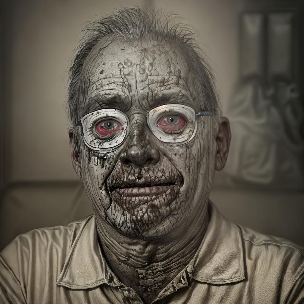  a portrait of a middle aged man transformed into a zombie, with pale decaying skin, darkened eyes, and subtle gore effects, in the style of a high quality horror movie makeup, hyperrealistic, 1:1 ar 1:1, high resolution, sharp focus, (perfect image composition), ((masterpiece)), (professionally color graded), ((bright soft diffused light))