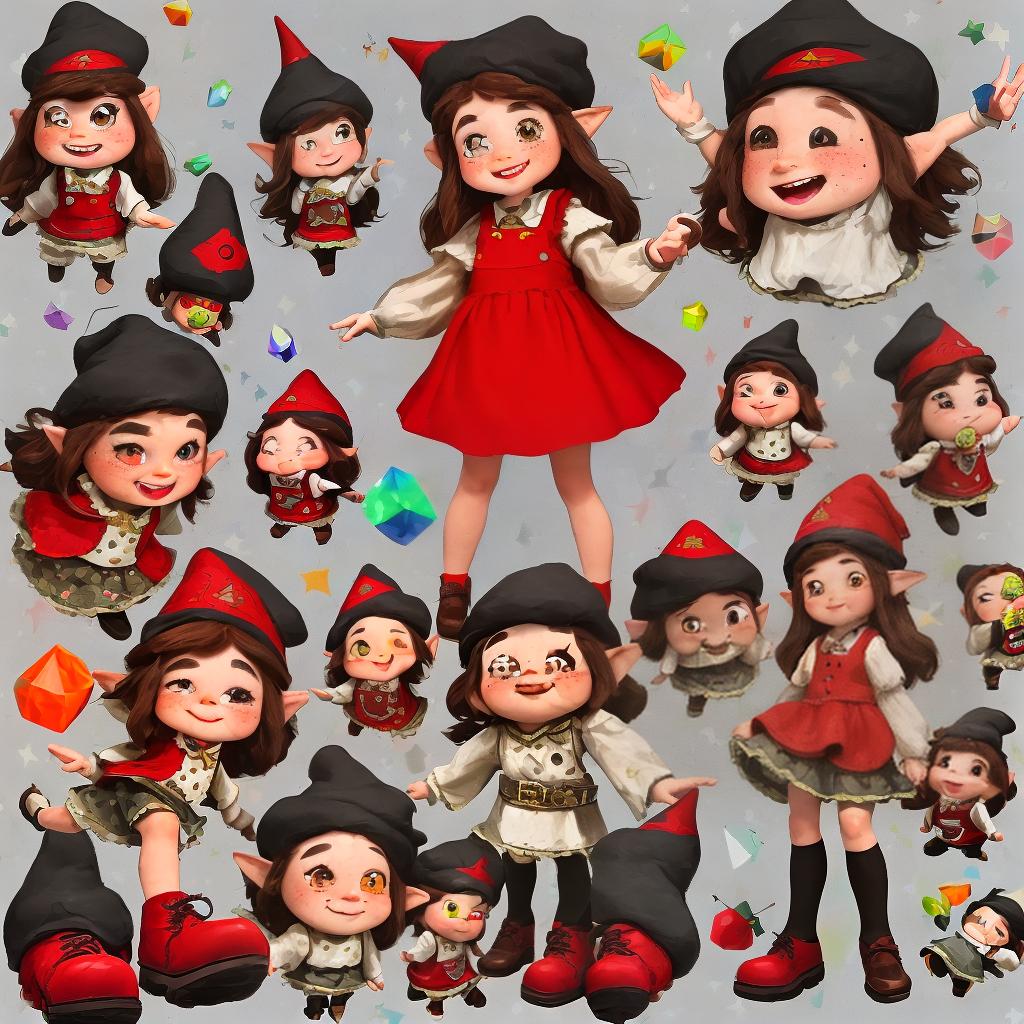  masterpiece, best quality, Little cute female gnome, dark hair and dark brown eyes smiling, one missing tooth, freckles with red magic hat and red pointy shoes