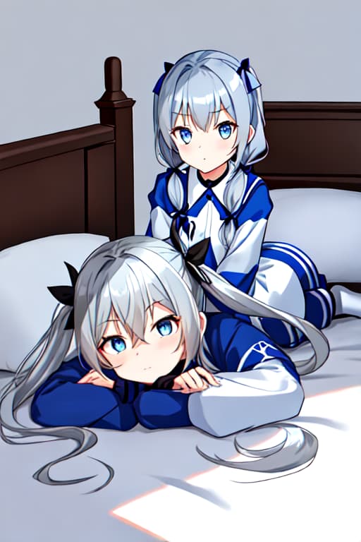  Blue eyes, gray hair, cute, twin tails, beds