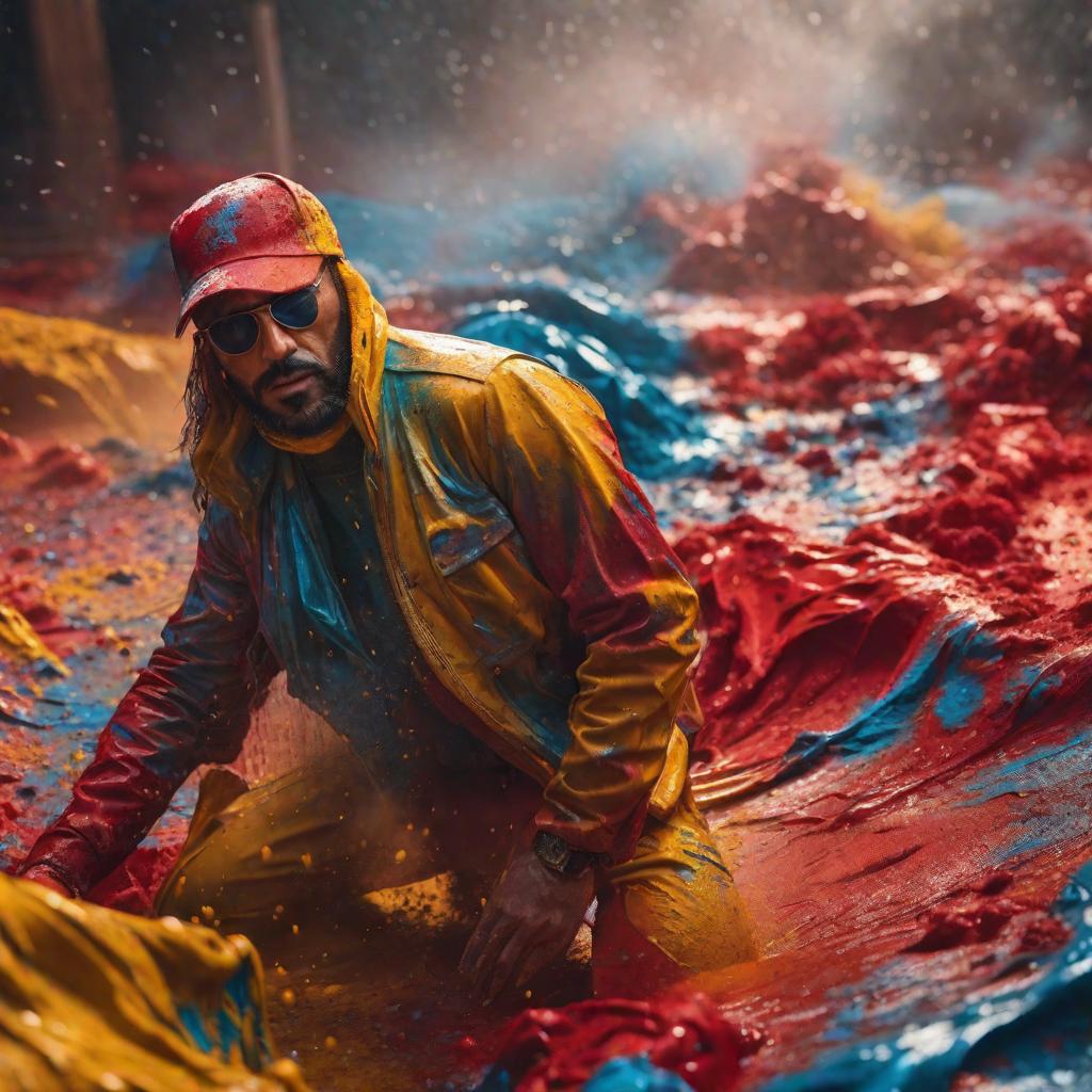  Splashed colored paint with camera on top hyperrealistic, full body, detailed clothing, highly detailed, cinematic lighting, stunningly beautiful, intricate, sharp focus, f/1. 8, 85mm, (centered image composition), (professionally color graded), ((bright soft diffused light)), volumetric fog, trending on instagram, trending on tumblr, HDR 4K, 8K