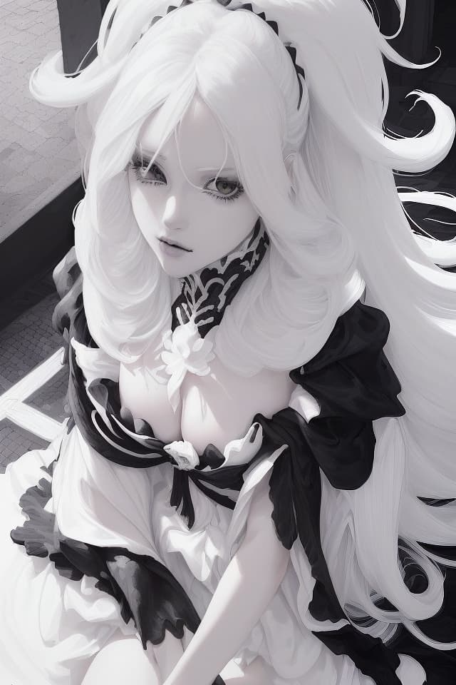  (black and white monochrome illustration)(cool beautiful girl),masterpiece,beautiful girl with lustrous white hair,wearing black rider suit,cool,nice body,sitting on stairs (close up of upper body) high quality,8K,16K