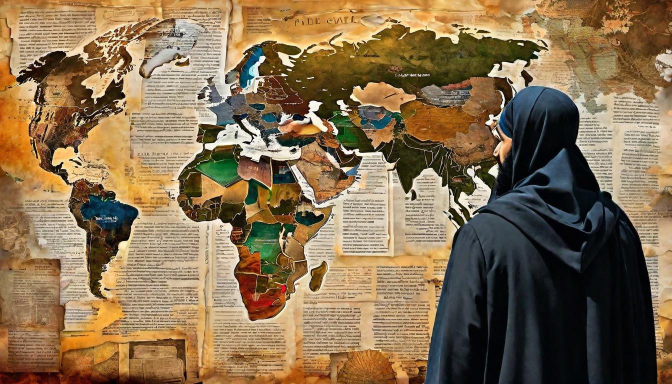  digital painting of A collage of newspaper clippings, maps, and historical artifacts, pinpointing moments of crisis and reflection in the Muslim world. Reflection, historical journey, challenges mirrored, textured, evocative looking at viewer, dynamic pose, (intricate details, masterpiece, best quality)