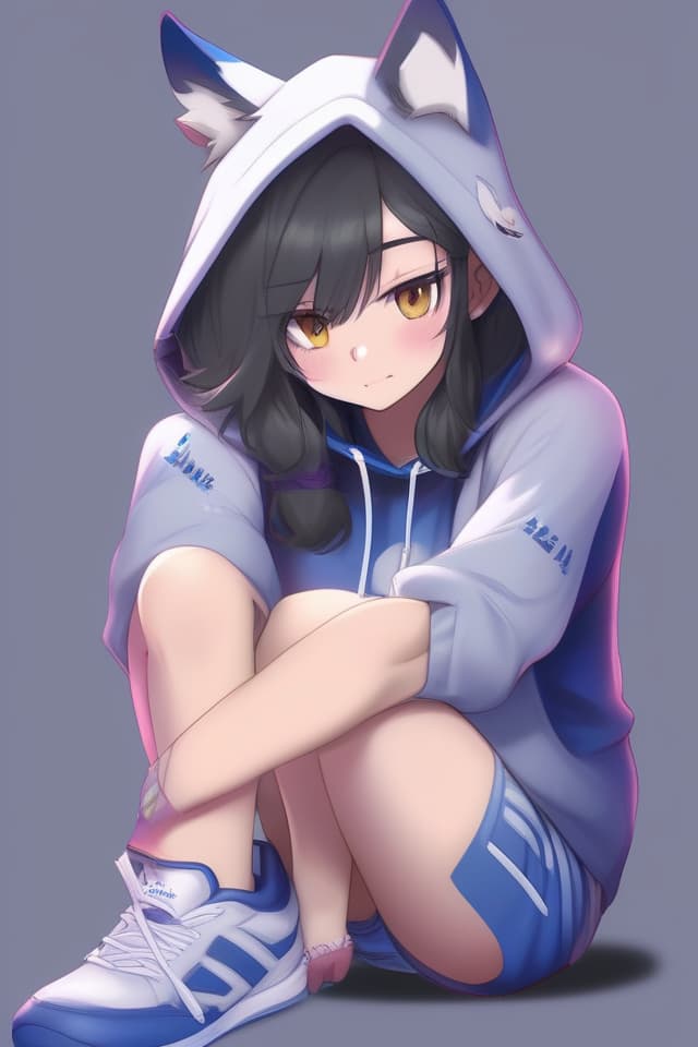  (Close up of the upper body) (Physical education sitting) Beautiful Wolf Beastie, Masterpiece, Wolf Ears, Hoodie, Sneakers, Sneakers, Sitting in Gym