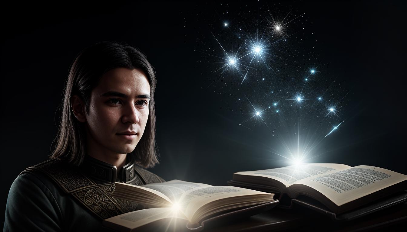  cinematic, aesthetic, Person with an open book, half strategic guide, half novel, blending intelligence and intuition, scholarly atmosphere, hint of wisdom, intricate design, intellectual environment, 4k, HDR, lens flare