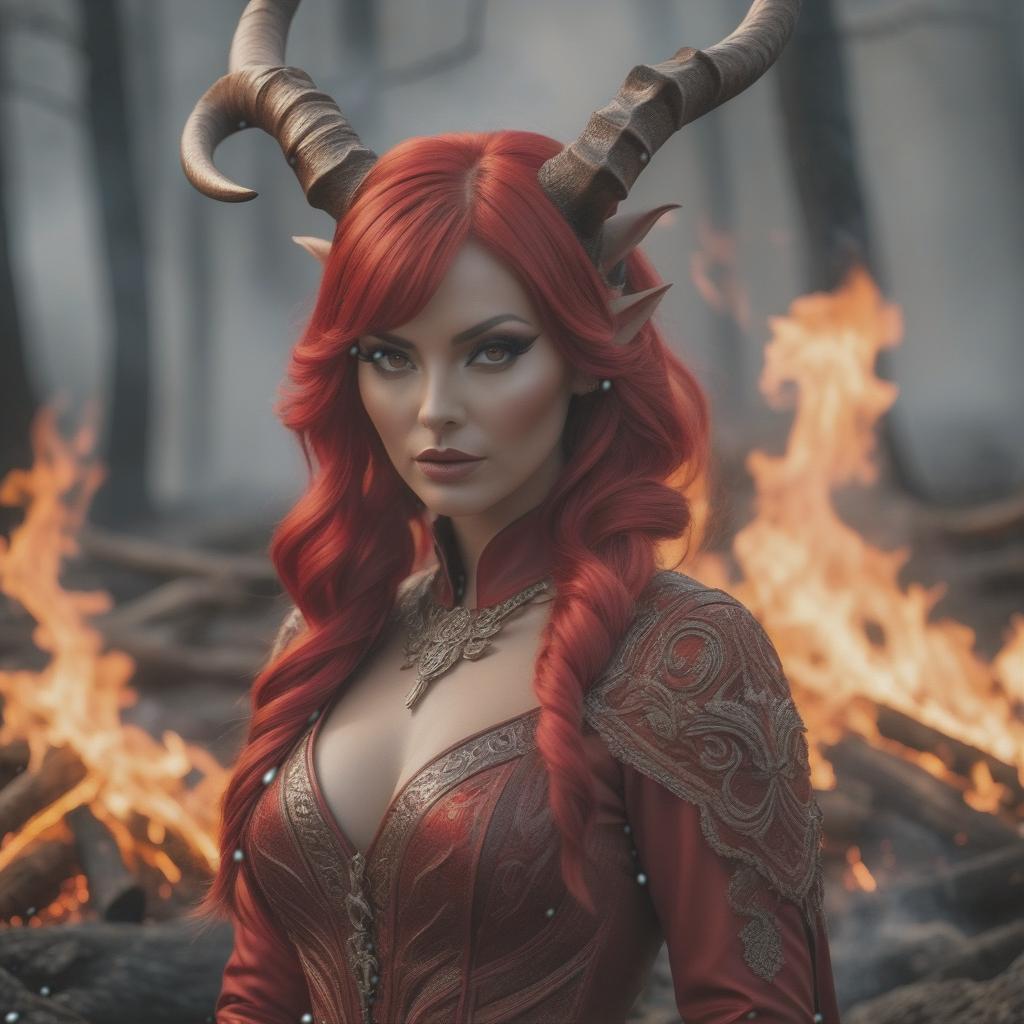  Red girl with horns in the fire hyperrealistic, full body, detailed clothing, highly detailed, cinematic lighting, stunningly beautiful, intricate, sharp focus, f/1. 8, 85mm, (centered image composition), (professionally color graded), ((bright soft diffused light)), volumetric fog, trending on instagram, trending on tumblr, HDR 4K, 8K