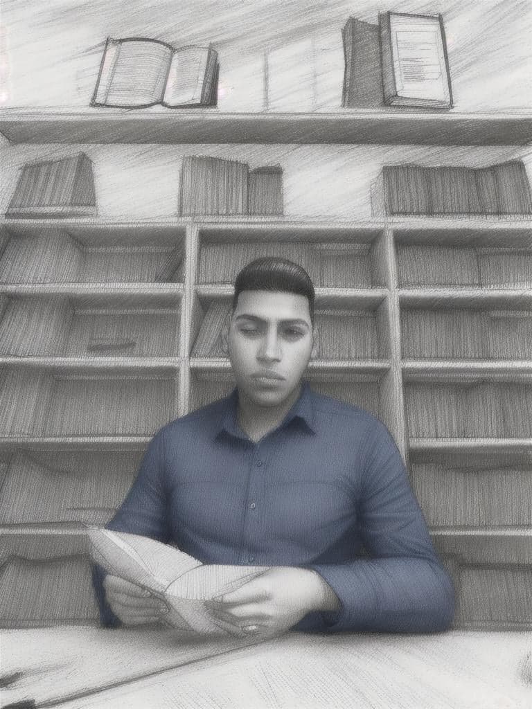 simple sketch, pencil sketch,a man in a blue shirt sits at a table, engrossed in a book. dark hair, focused expression. shelves of books behind him. simple black & white pencil sketch., minimalistic hand drawn sketch, clean lines, simple details, sketch artstyle, grayscale, monochrome, solo subject, white background, light shading