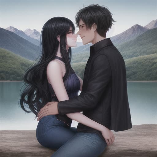  oriental girl with a black long hair wearing the flare dark blue jeans make love and flirting whith a two man near a mountain lake. one girl, two man
