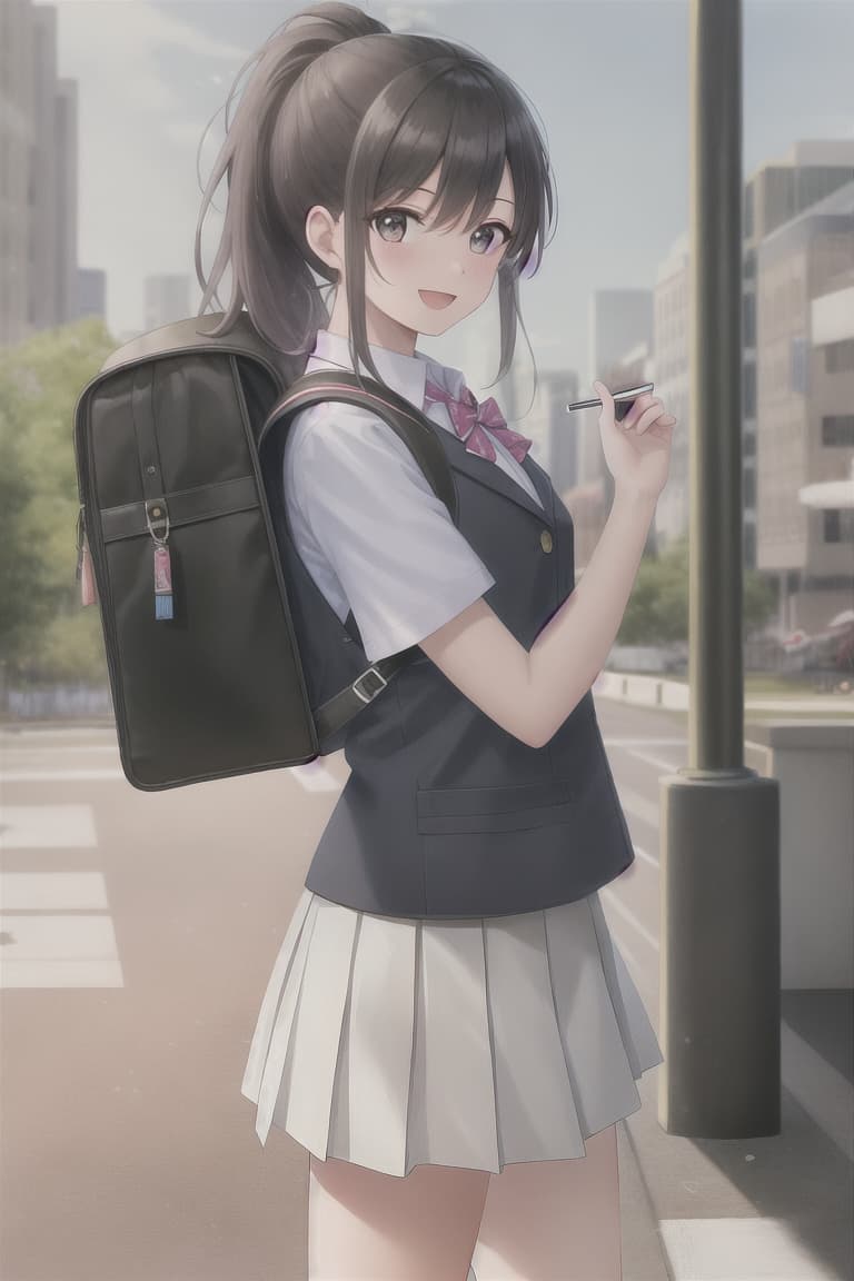  ((((masterpiece)))), best quality, very_high_resolution, ultra-detailed, in-frame, cute,, ponytail, youthful, cheerful, energetic, vibrant, fashionably dressed, backpack,, smiling, confident, studious, friends, uniform, books, trendy, stylish, outgoing, lively