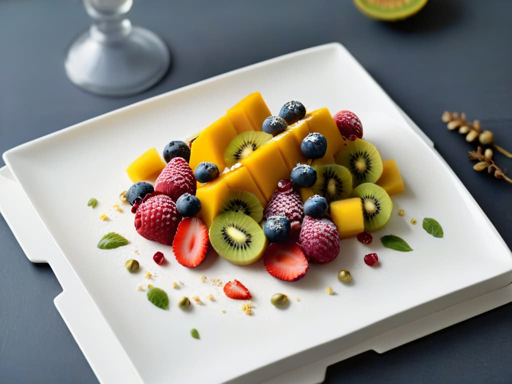  A photorealistic image of a beautifully plated dessert featuring vibrant, fresh fruits such as berries, mango slices, and kiwi, elegantly arranged on a white, modern ceramic plate. The dessert is garnished with delicate edible flowers and a sprinkle of crushed pistachios, all set against a softfocus background of a sunlit kitchen, showcasing a balance of indulgence and health in modern dessert trends. hyperrealistic, full body, detailed clothing, highly detailed, cinematic lighting, stunningly beautiful, intricate, sharp focus, f/1. 8, 85mm, (centered image composition), (professionally color graded), ((bright soft diffused light)), volumetric fog, trending on instagram, trending on tumblr, HDR 4K, 8K