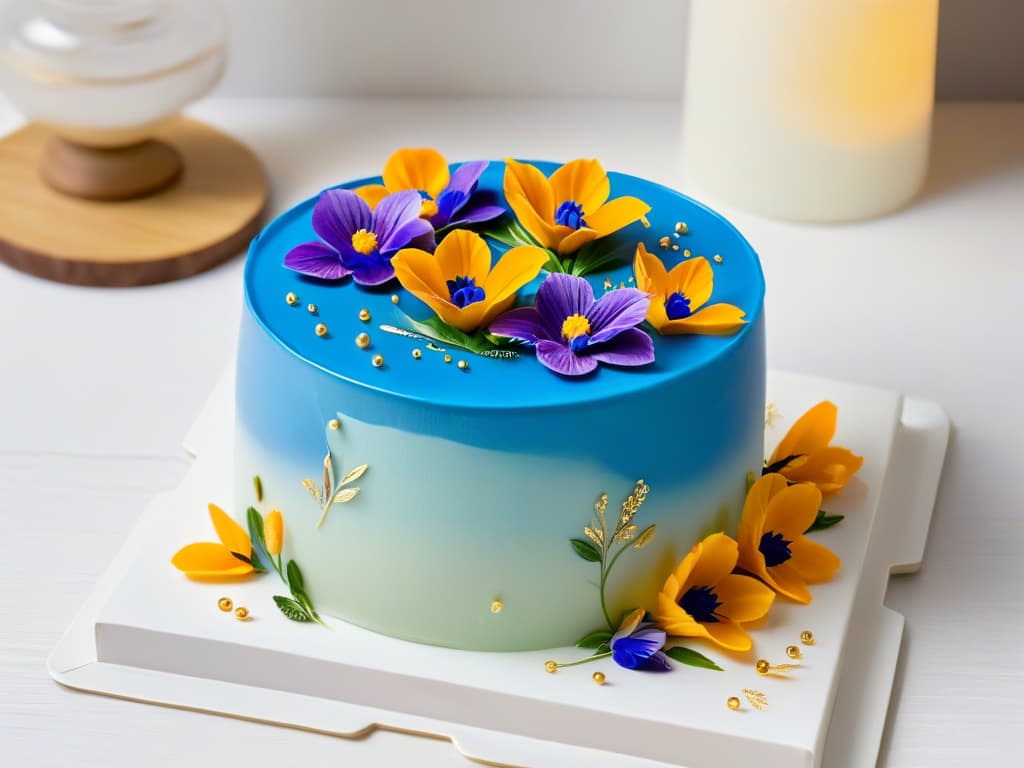  An ultradetailed photorealistic image of a vibrant and modern dessert showcasing a colorful mirror glaze cake topped with edible flowers, gold leaf accents, and geometric sugar decorations. The dessert is elegantly presented on a sleek, minimalist plate against a softfocused background to highlight its intricate details and artistic design. hyperrealistic, full body, detailed clothing, highly detailed, cinematic lighting, stunningly beautiful, intricate, sharp focus, f/1. 8, 85mm, (centered image composition), (professionally color graded), ((bright soft diffused light)), volumetric fog, trending on instagram, trending on tumblr, HDR 4K, 8K