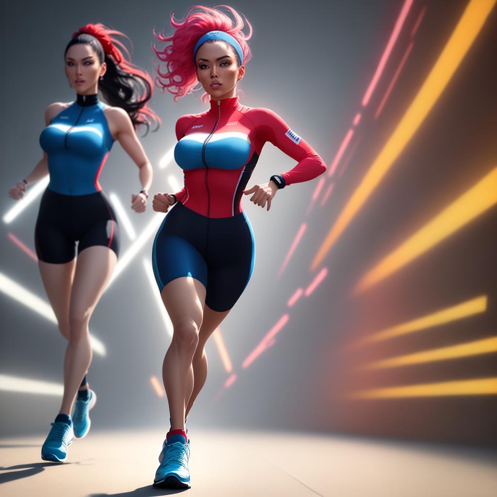  ((Masterpiece)), (((best quality))), 8k, high detailed, ultra-detailed. A fashionable sportswear poster featuring a real person running. The background conveys a sense of speed. (The person) is wearing vibrant activewear, (blue sneakers), and (red headband), with (wind-blown hair) flowing behind them. The background consists of (blurred motion lines), (dynamic shapes), and (splashes of vibrant colors). The poster is created in a modern style, reminiscent of (Andy Warhol's pop art), with bold and contrasting colors. The image is (8k resolution) and provides (extraordinary detail) to showcase the intricate design. hyperrealistic, full body, detailed clothing, highly detailed, cinematic lighting, stunningly beautiful, intricate, sharp focus, f/1. 8, 85mm, (centered image composition), (professionally color graded), ((bright soft diffused light)), volumetric fog, trending on instagram, trending on tumblr, HDR 4K, 8K