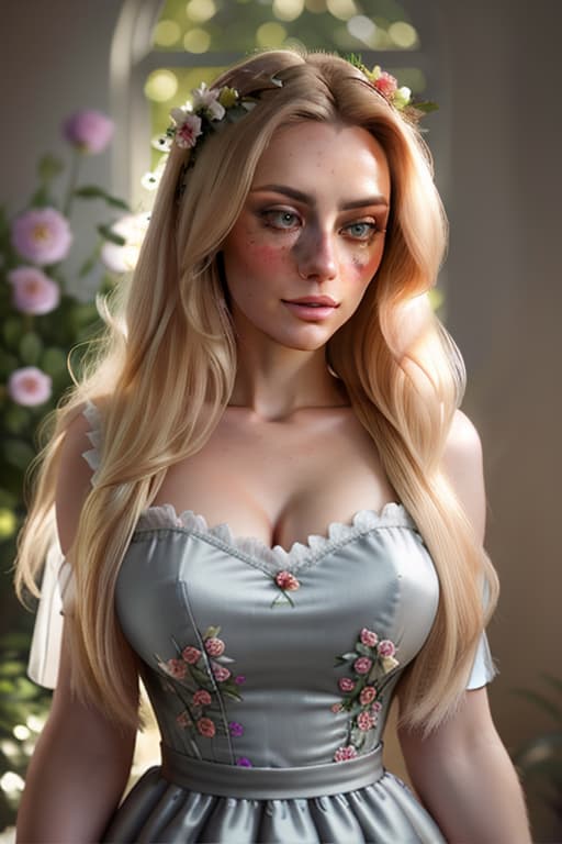  detailed and realistic portrait of a rapunzel maid with a few freckles, long blonde disheveled hairs, multicolor mesmerizing eyes, dark fluffy dress, soft natural lighting, portrait photography, magical photography, dramatic lighting, photo realism, ultra detailed, intimate portrait composition, flowers in background, Leica 50mm, f1. 4 hyperrealistic, full body, detailed clothing, highly detailed, cinematic lighting, stunningly beautiful, intricate, sharp focus, f/1. 8, 85mm, (centered image composition), (professionally color graded), ((bright soft diffused light)), volumetric fog, trending on instagram, trending on tumblr, HDR 4K, 8K