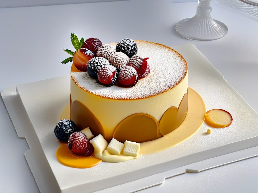  A minimalist, ultradetailed image of a perfectly plated dessert masterpiece, showcasing intricate layers of sponge cake, velvety mousse, delicate sugar decorations, and a glossy glaze, all elegantly presented on a pristine white plate with a dusting of powdered sugar. The dessert is surrounded by a subtle play of light and shadow, highlighting the textures and craftsmanship of the culinary creation. hyperrealistic, full body, detailed clothing, highly detailed, cinematic lighting, stunningly beautiful, intricate, sharp focus, f/1. 8, 85mm, (centered image composition), (professionally color graded), ((bright soft diffused light)), volumetric fog, trending on instagram, trending on tumblr, HDR 4K, 8K