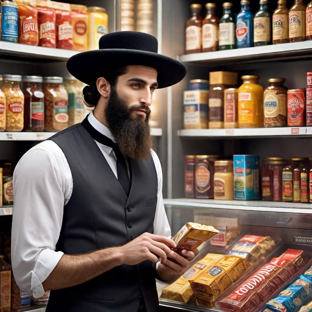  Create an advertisement for a business called KOSHER VENDING. The ad should prominently feature a vending machine with the name 'KOSHER VENDING' written in bold, normal letters on top of the machine. Inside the vending machine, display a variety of kosher snacks clearly visible through its transparent display. Also, include a clearly visible and professional logo for KOSHER VENDING on the machine. To the side of the machine, add an image of a Hasidic Jew in traditional attire, looking interested in the products offered. The advertisement should have a clean design, an attractive color scheme that fits the kosher theme, and should convey trust and quality. hyperrealistic, full body, detailed clothing, highly detailed, cinematic lighting, stunningly beautiful, intricate, sharp focus, f/1. 8, 85mm, (centered image composition), (professionally color graded), ((bright soft diffused light)), volumetric fog, trending on instagram, trending on tumblr, HDR 4K, 8K