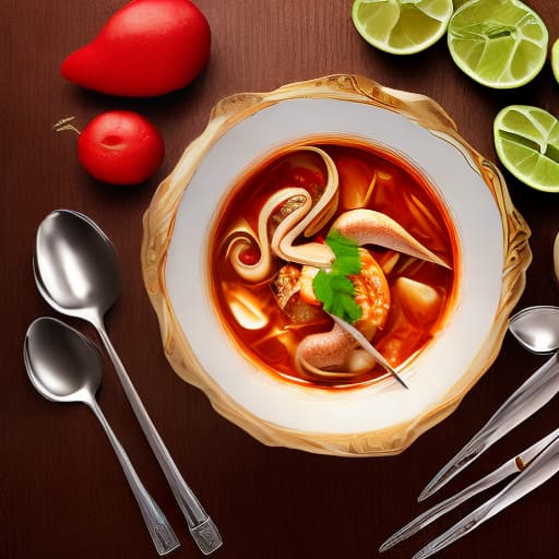 mdjrny-v4 style a bowl of restaurant plating of thai tom yum, tempting, mouth-watering --ar 16:9**